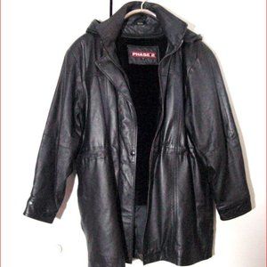 Vtg Black Leather Phase 2 Women's Zip Hoodie Bomber Leather Coat Sz XL